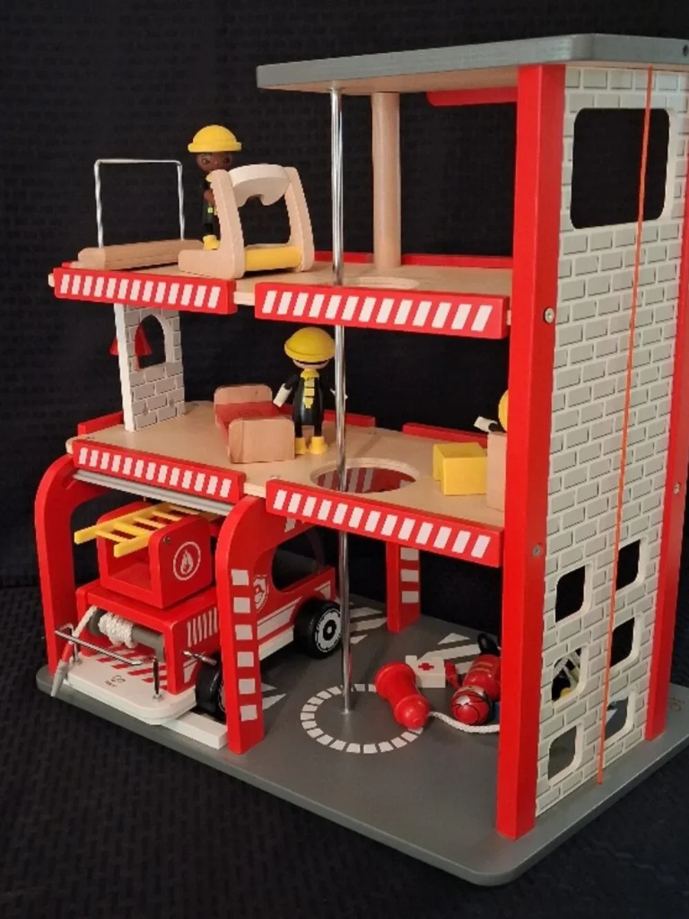 Pottery Barn Kids/HAPE Wooden Firehouse w/ Fire Truck, Figurines and Accessories